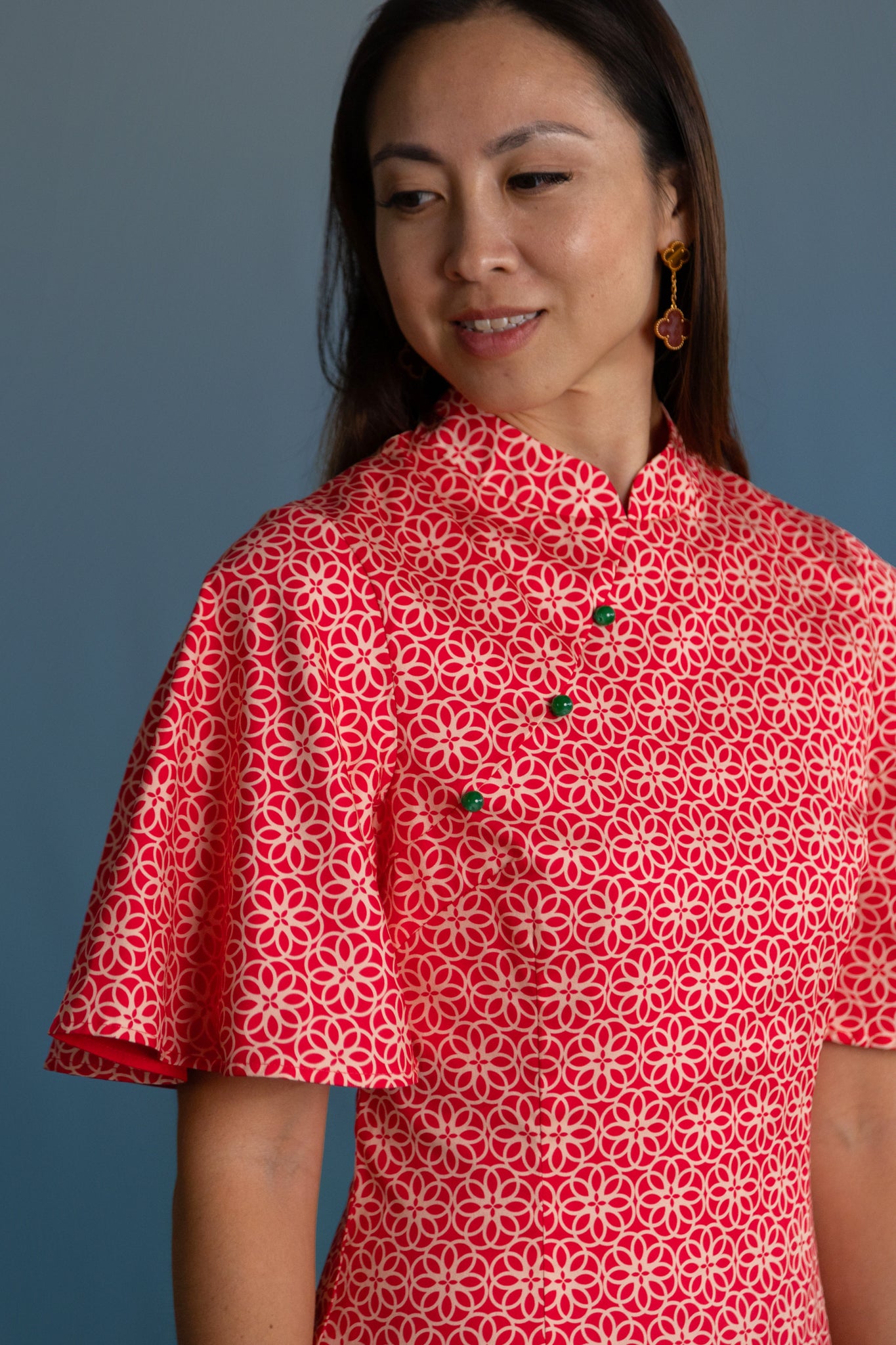 Ladies Renee Cheongsam - Red Honeycomb Tiles