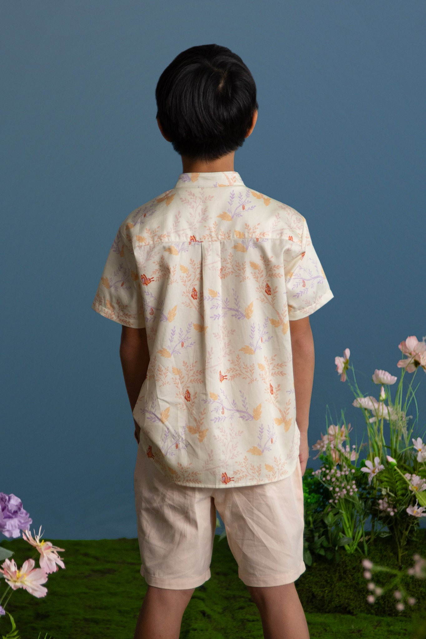 Mandarin-collared Shirt - Coral Flutter Spring