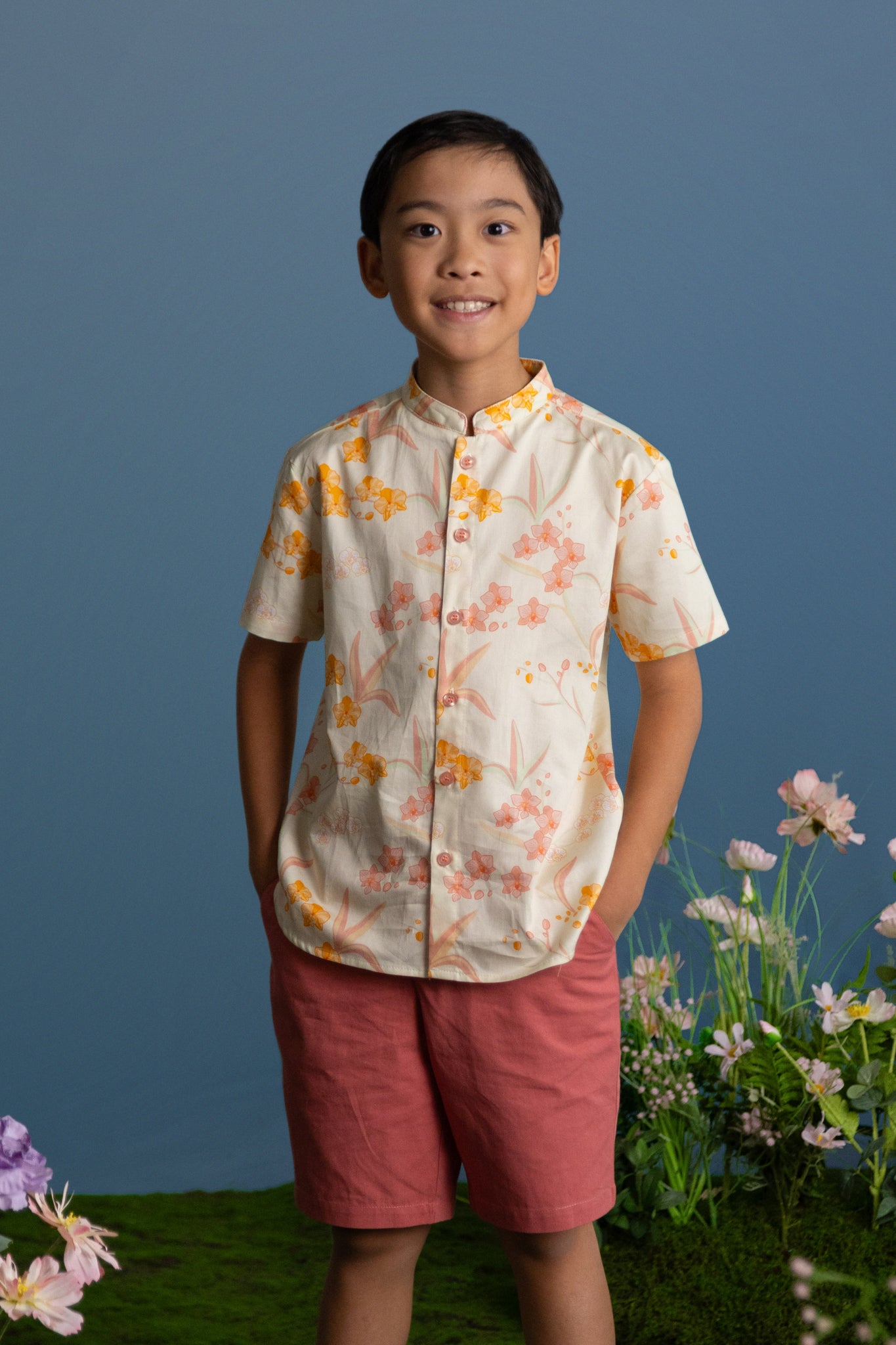 Mandarin-collared Shirt - Cream Orchid Garden