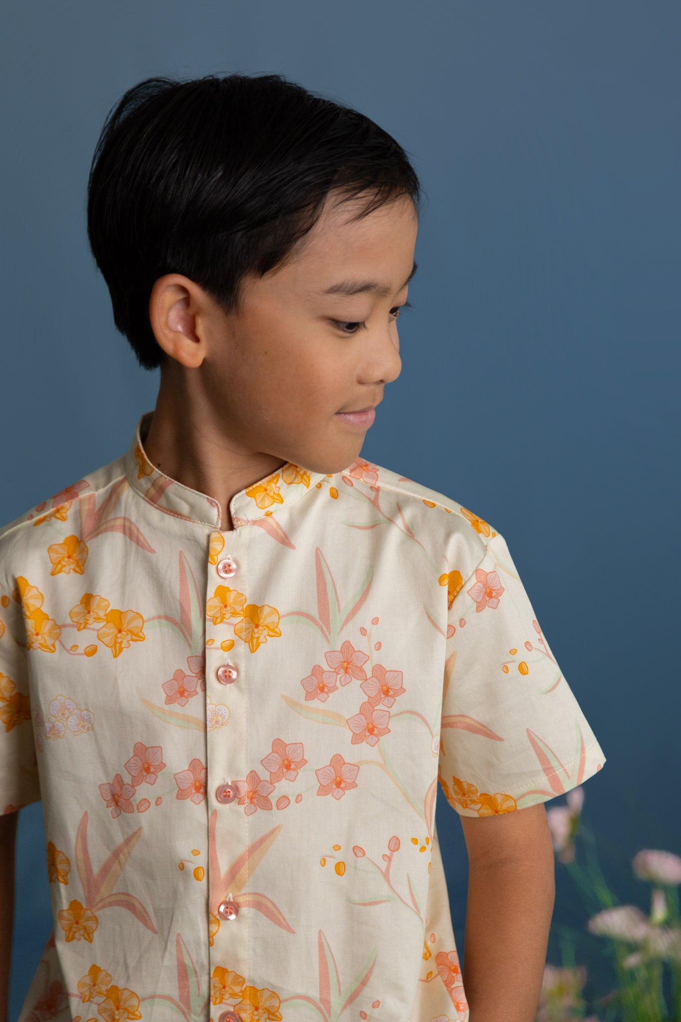 Mandarin-collared Shirt - Cream Orchid Garden