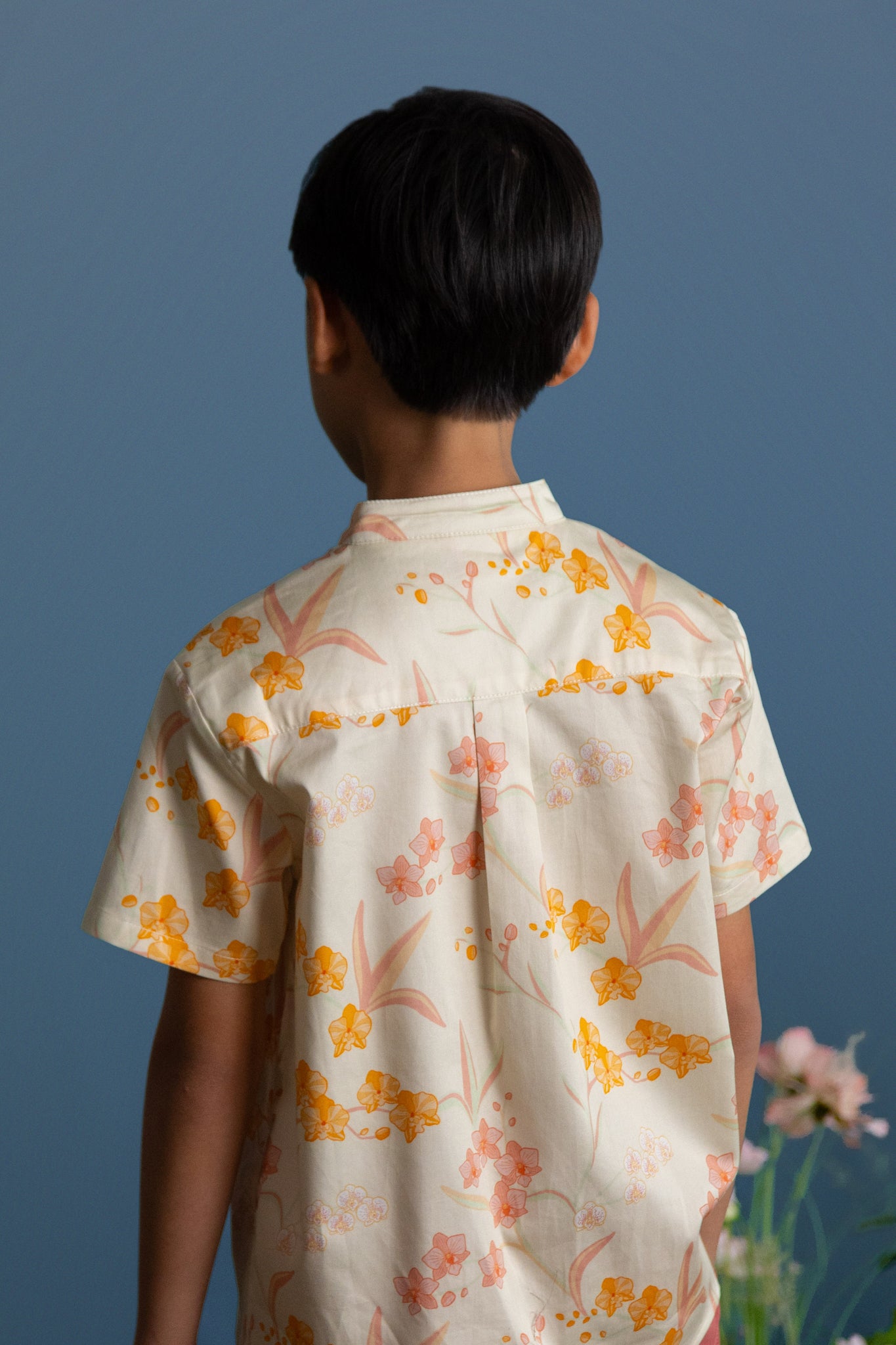 Mandarin-collared Shirt - Cream Orchid Garden