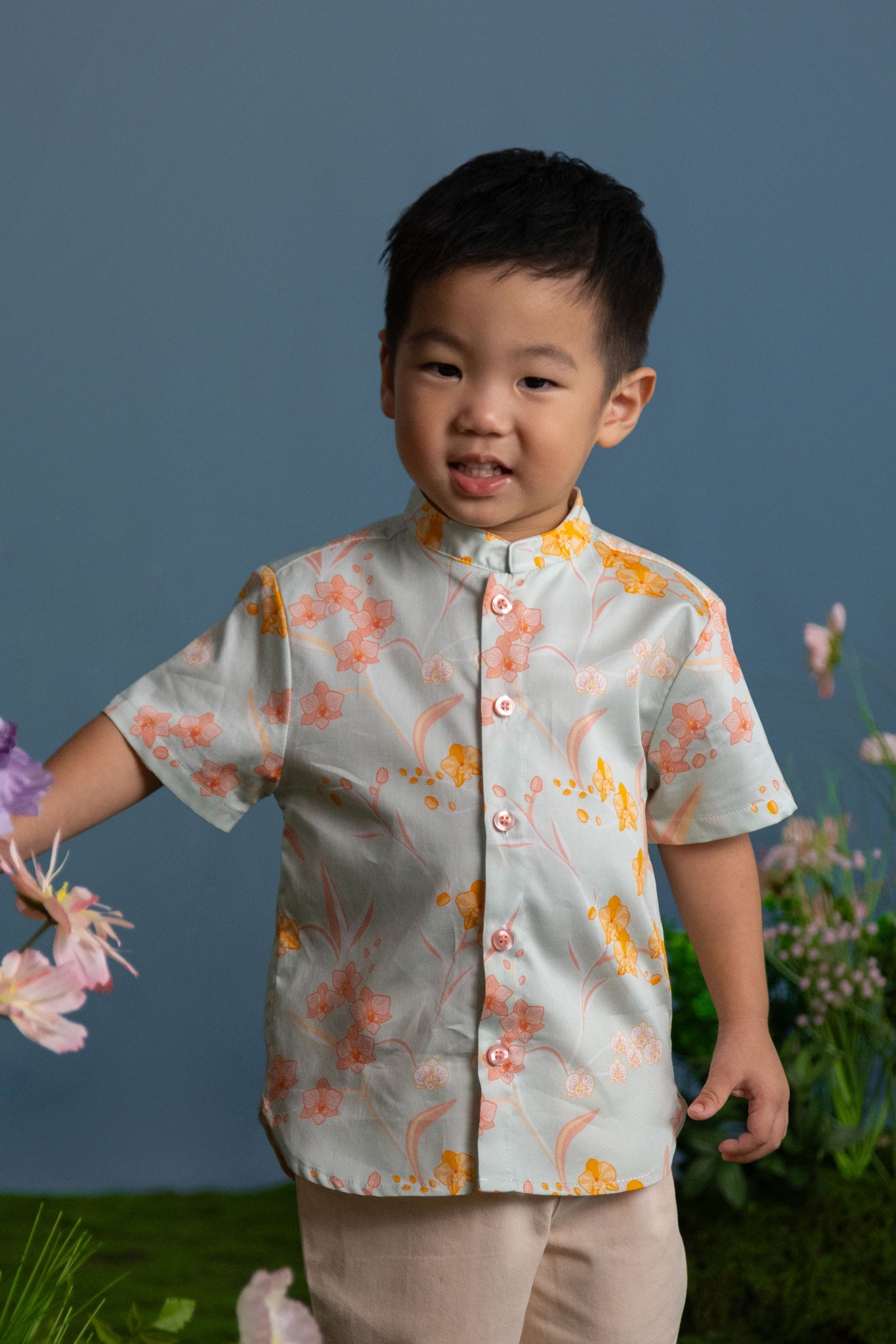 Mandarin-collared Shirt - Teal Orchid Garden