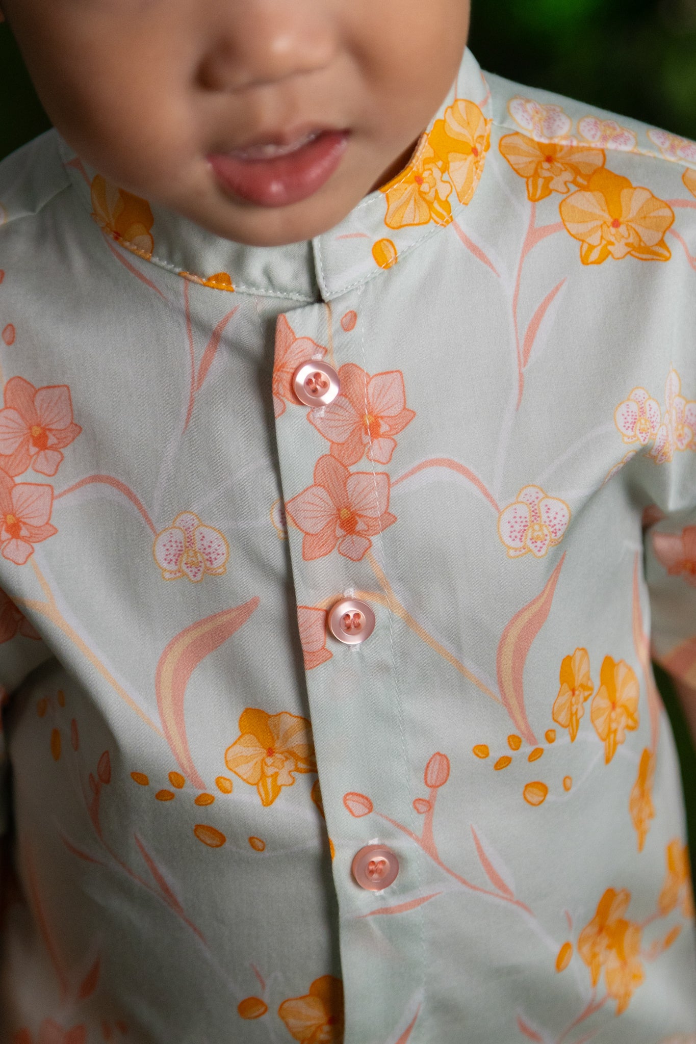 Mandarin-collared Shirt - Teal Orchid Garden