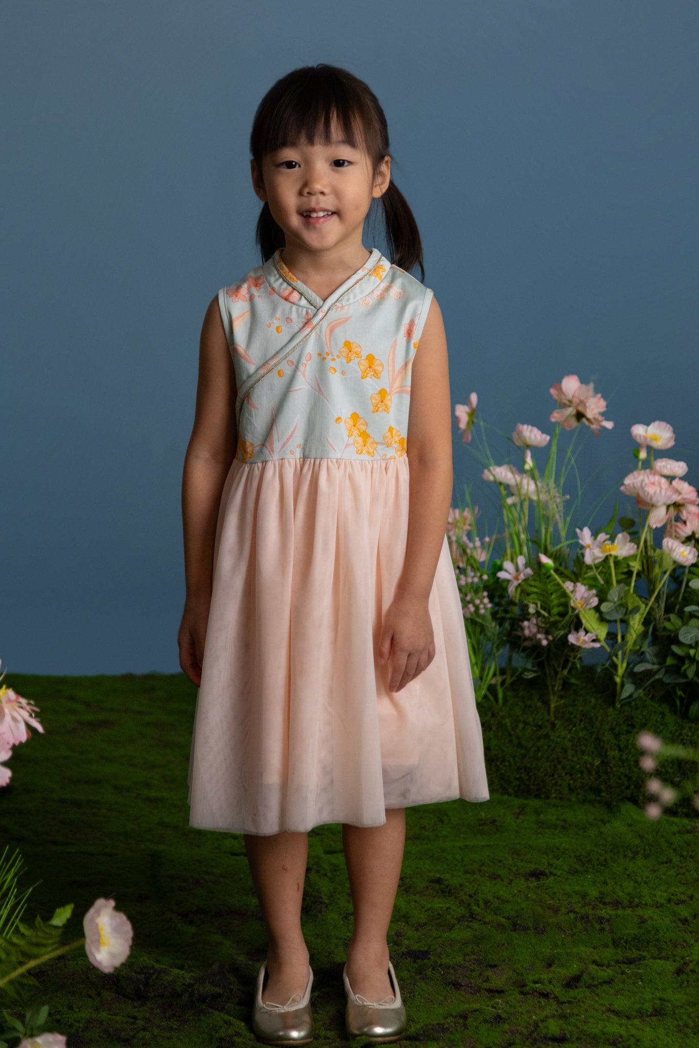 Thea Tulle Cheongsam - Teal Orchid Garden