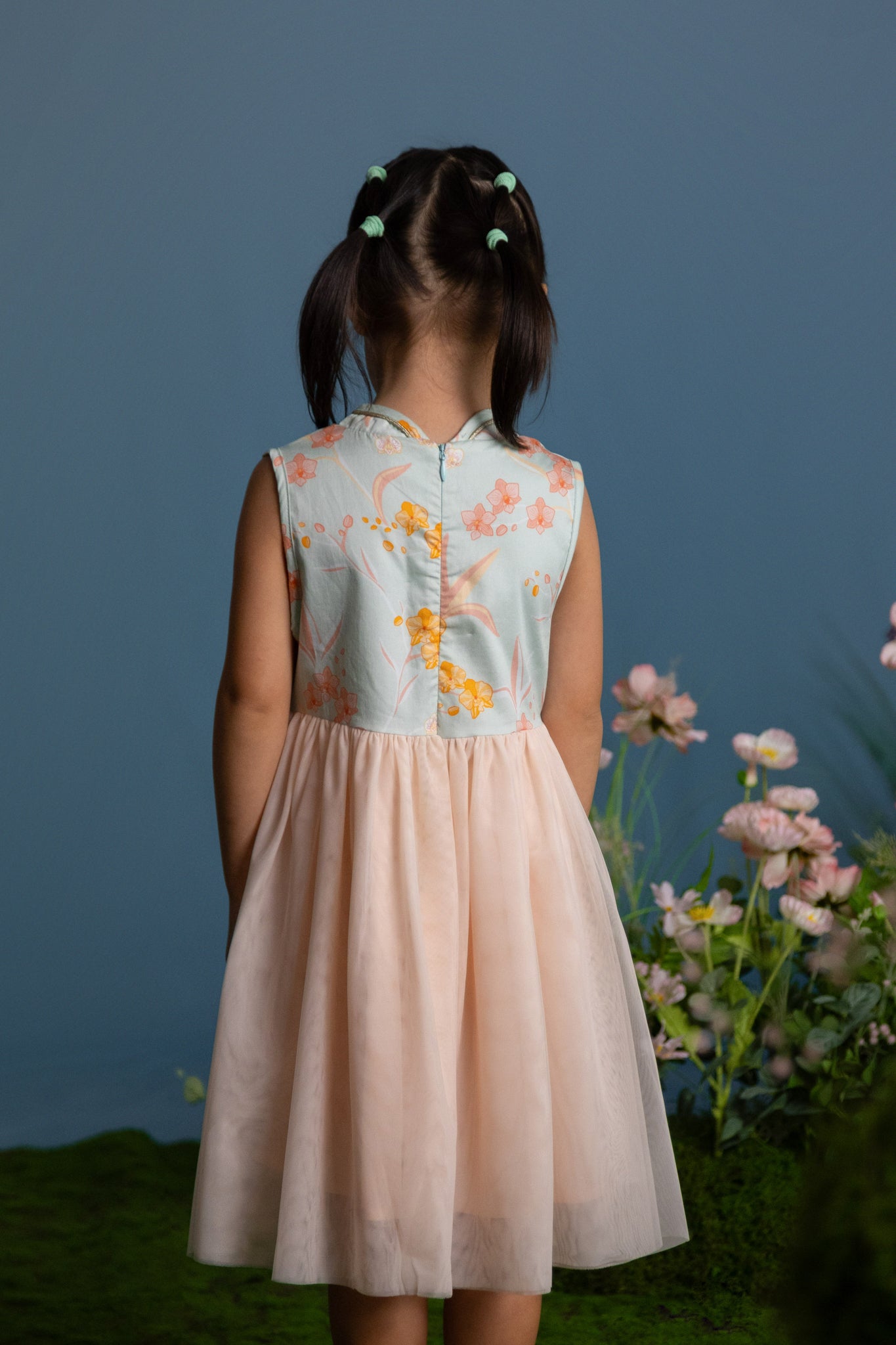 Thea Tulle Cheongsam - Teal Orchid Garden