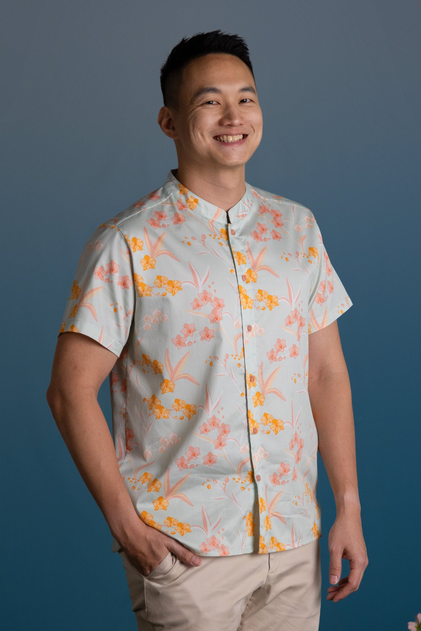 Men's Mandarin-collared Shirt - Teal Orchid Garden