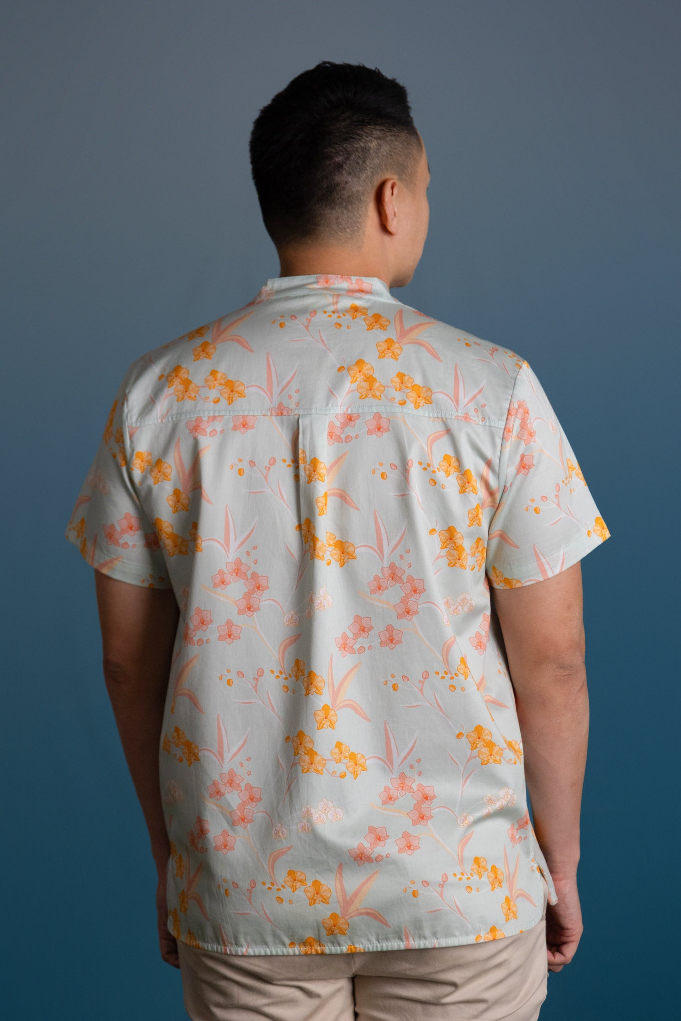 Men's Mandarin-collared Shirt - Teal Orchid Garden