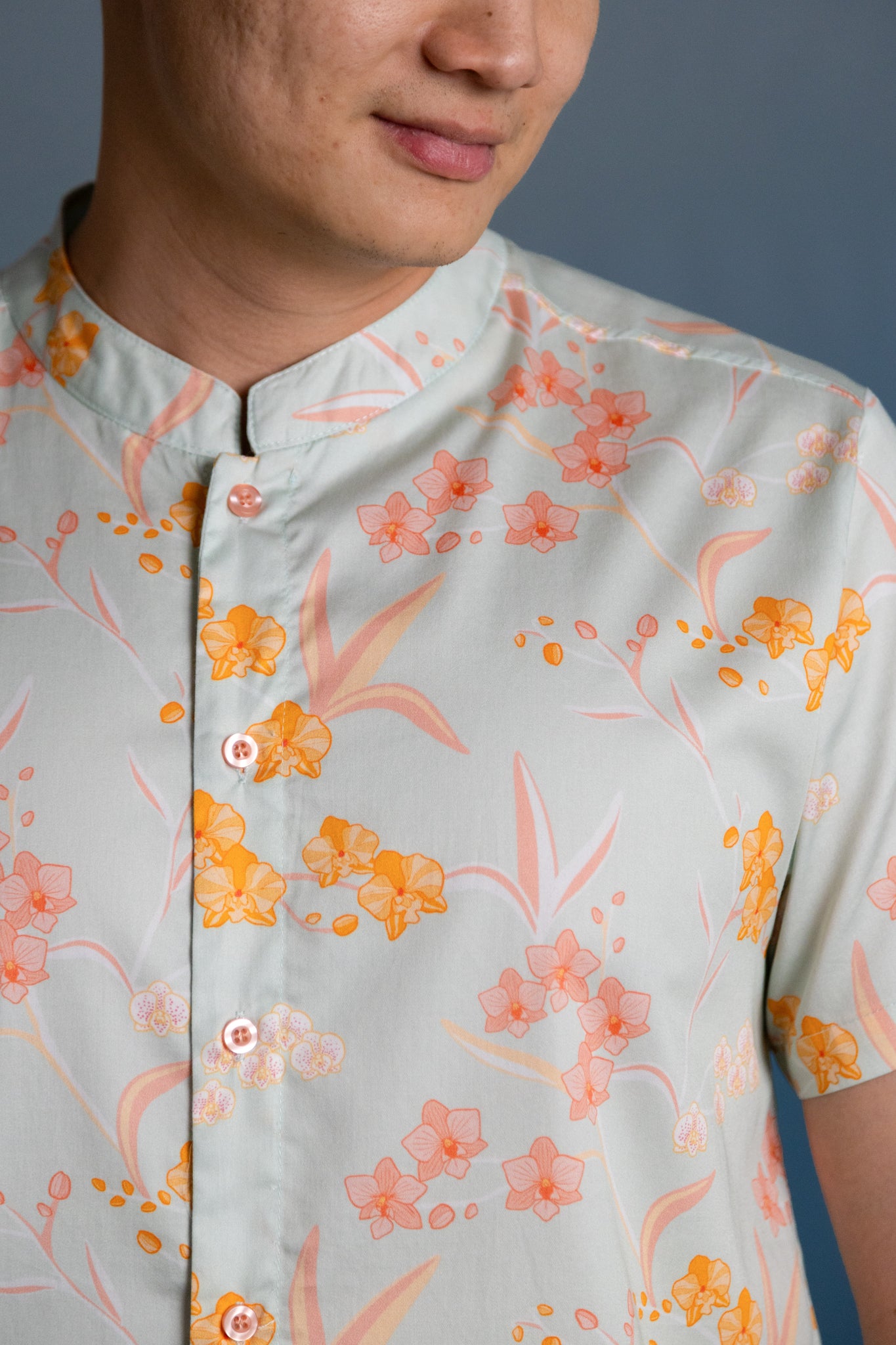 Men's Mandarin-collared Shirt - Teal Orchid Garden