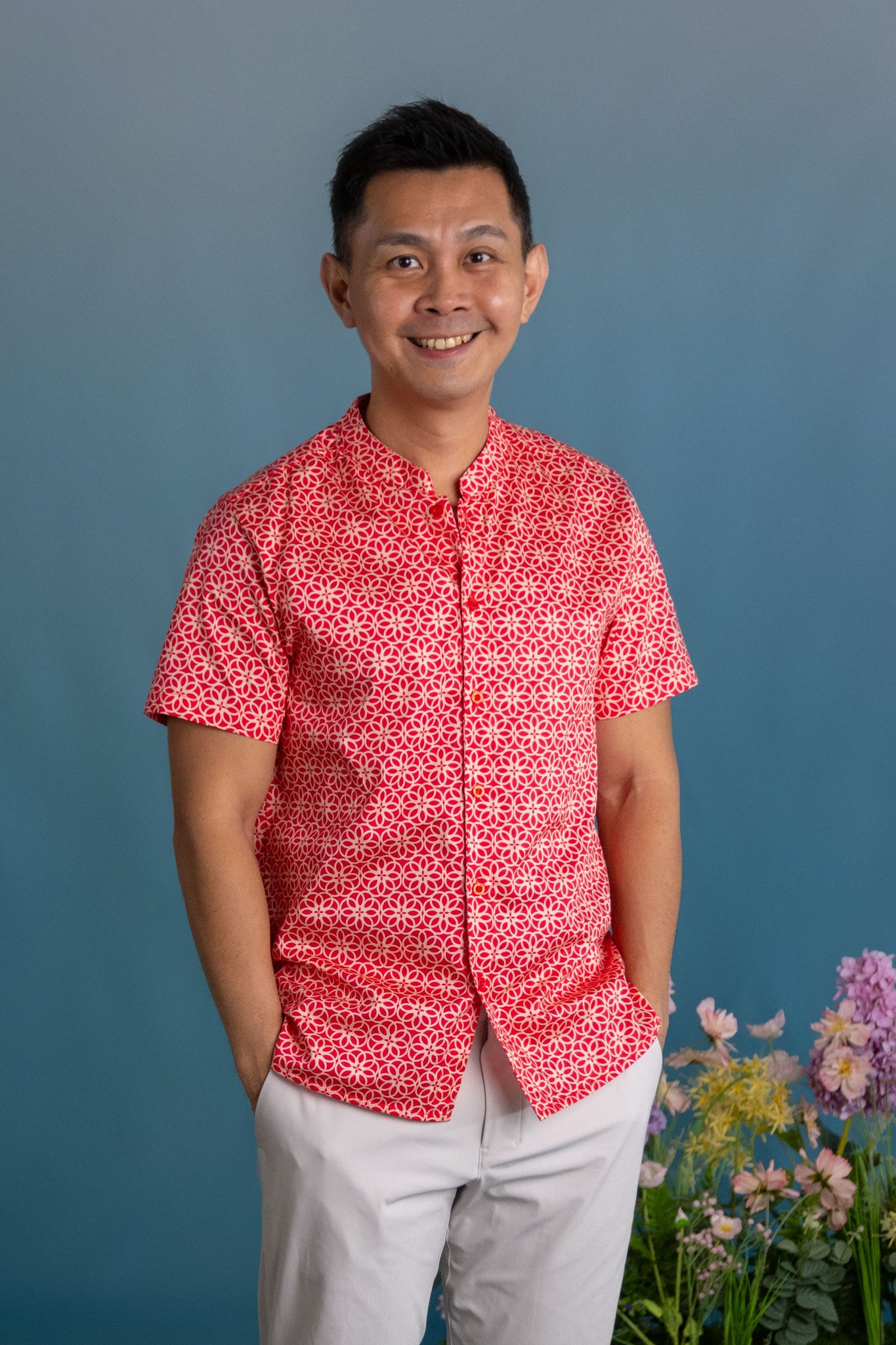 Men's Mandarin-collared Shirt - Red Honeycomb Tiles