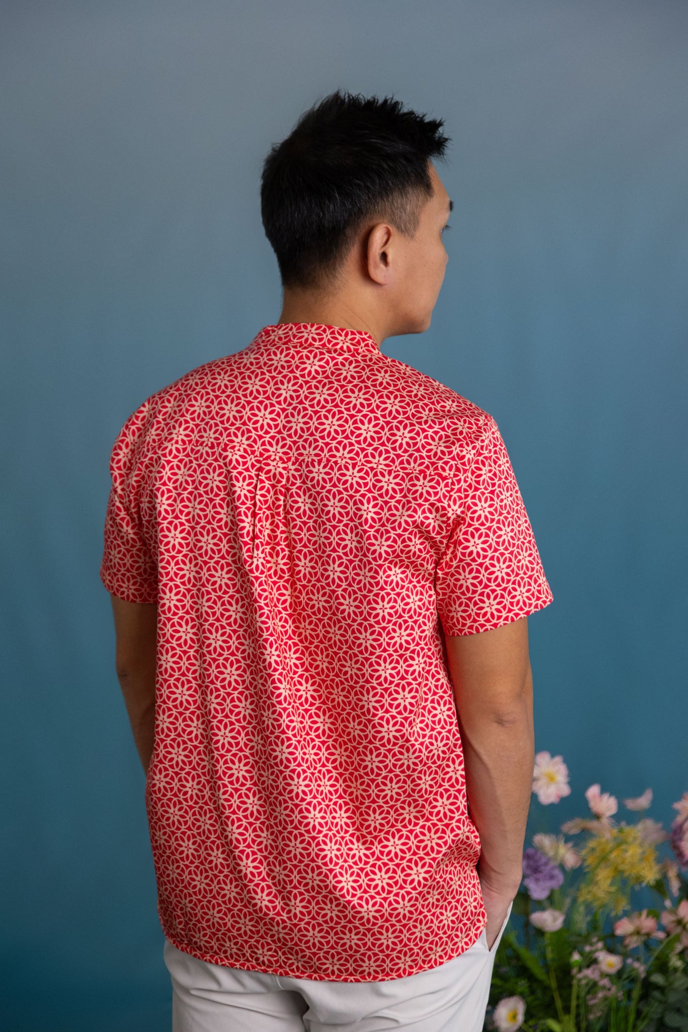 Men's Mandarin-collared Shirt - Red Honeycomb Tiles