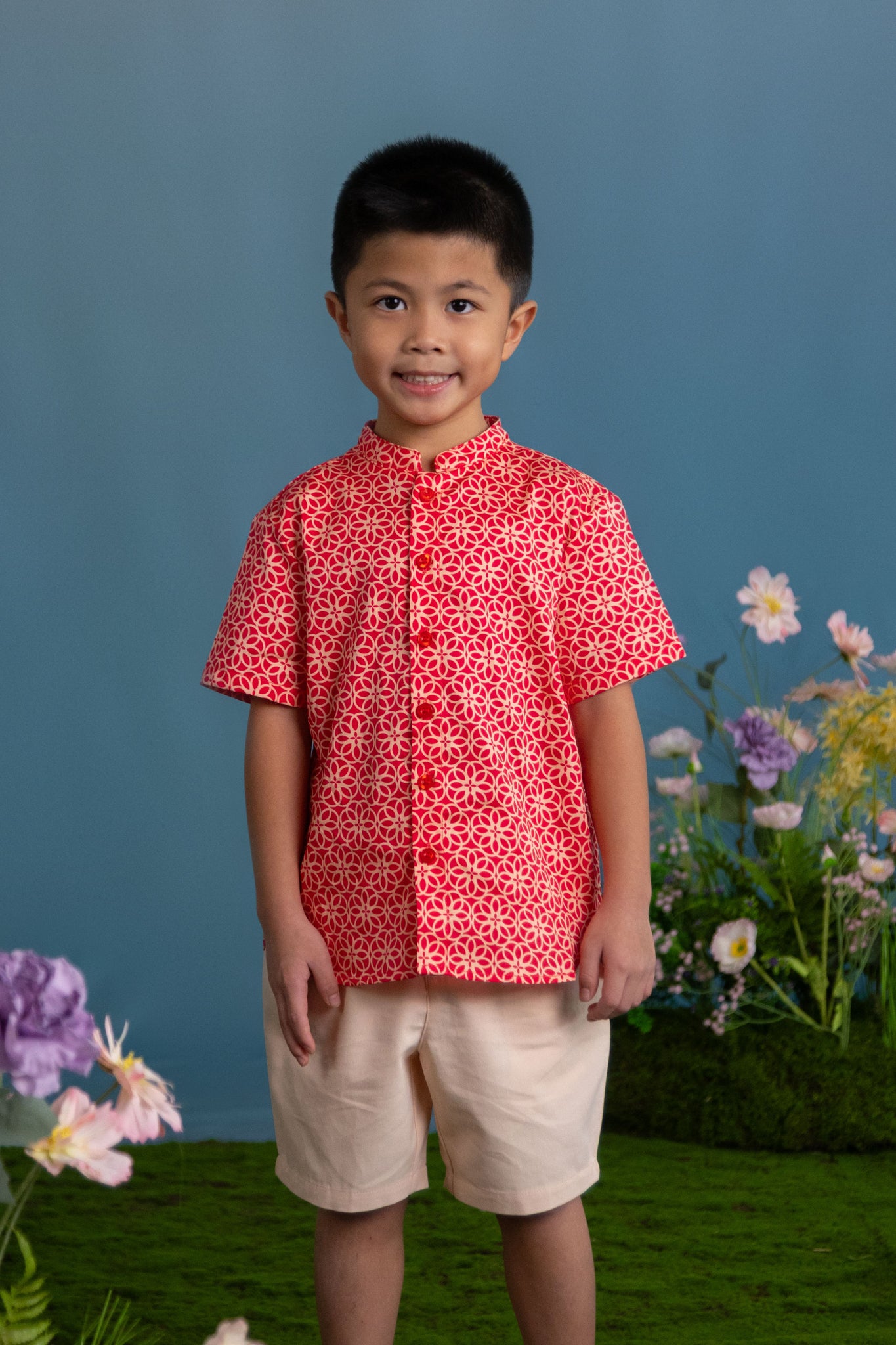 Mandarin-collared Shirt - Red Honeycomb Tiles