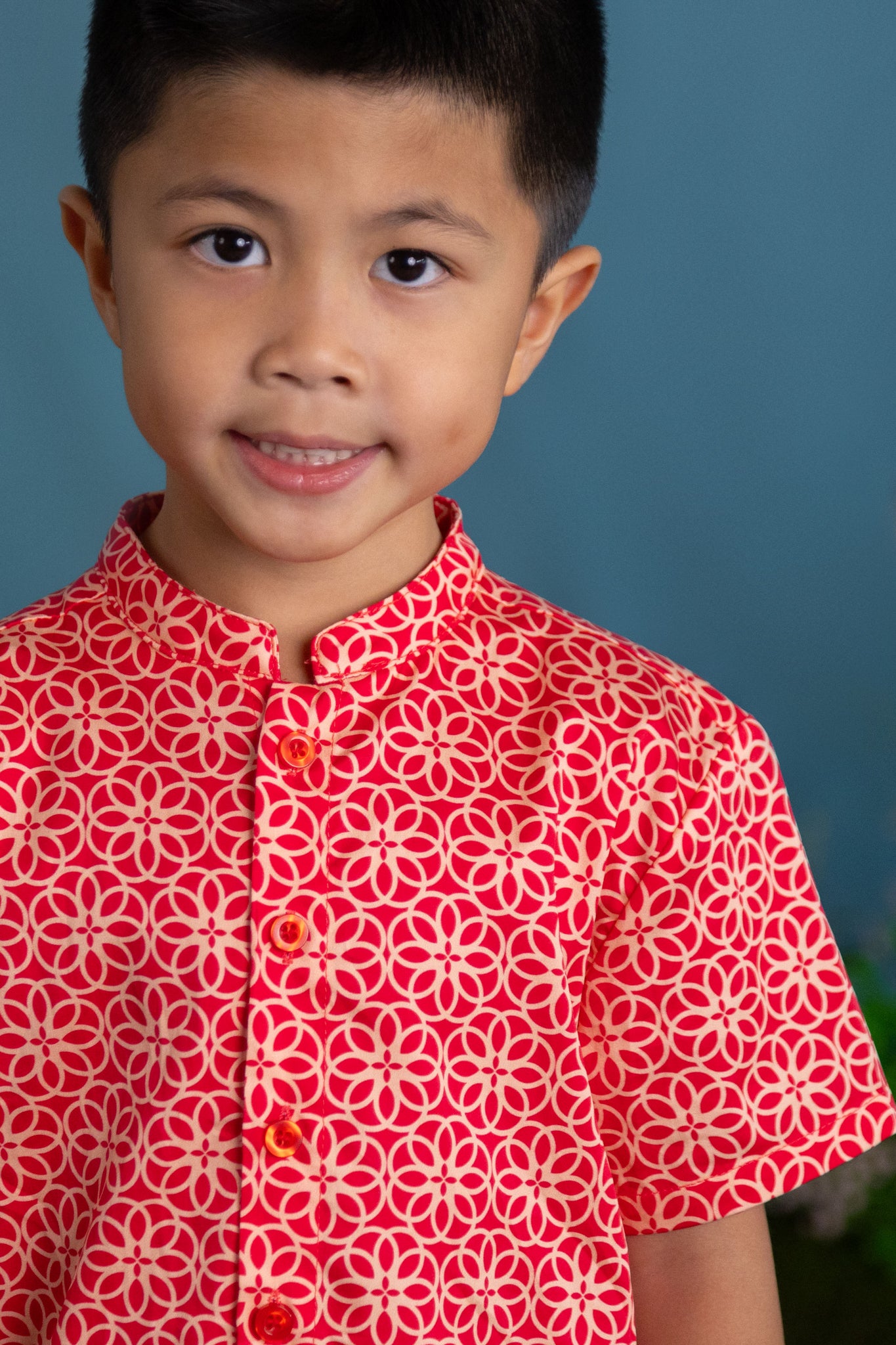 Mandarin-collared Shirt - Red Honeycomb Tiles