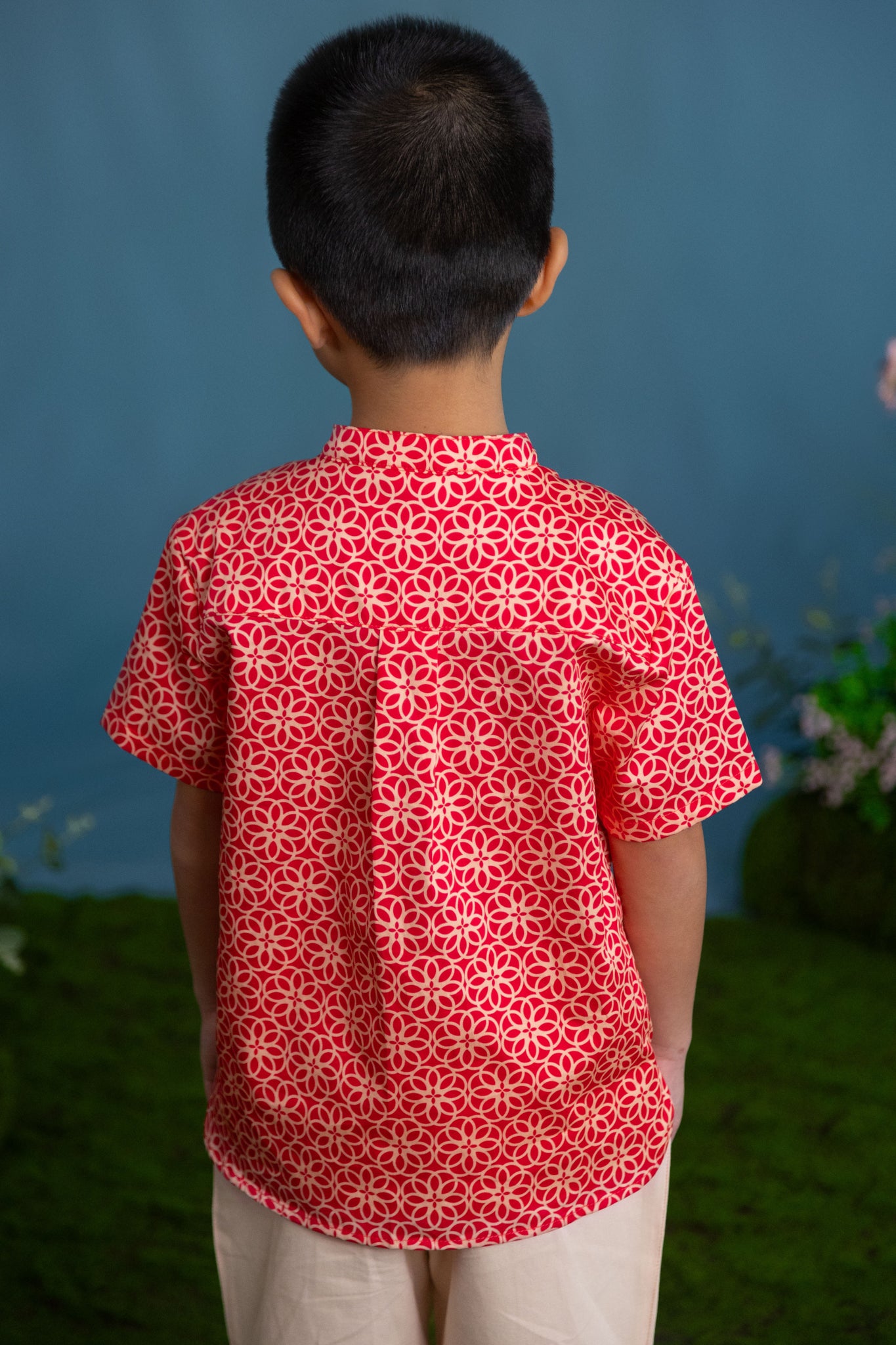 Mandarin-collared Shirt - Red Honeycomb Tiles