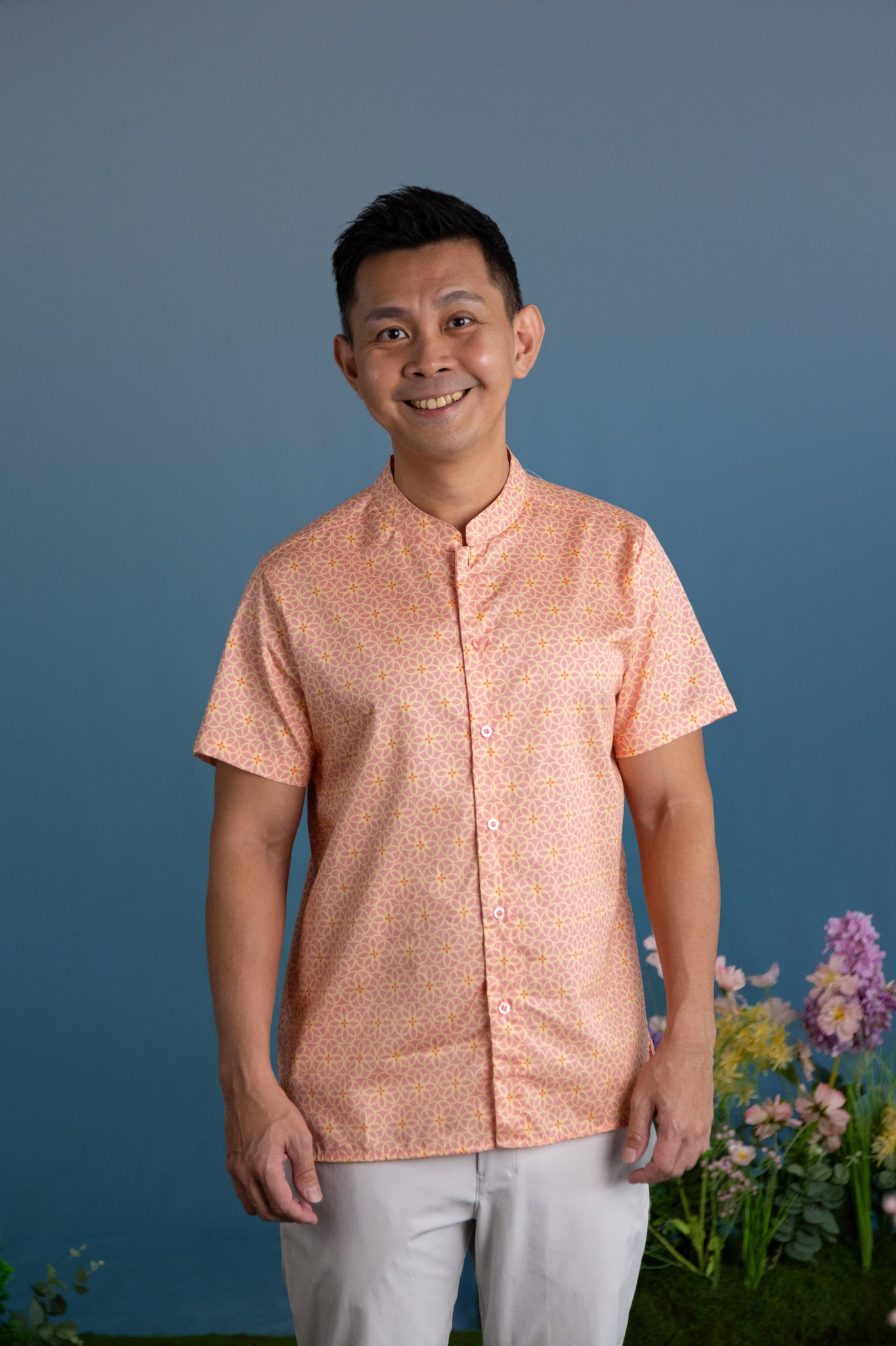 Men's Mandarin-collared Shirt - Pink Honeycomb Tiles