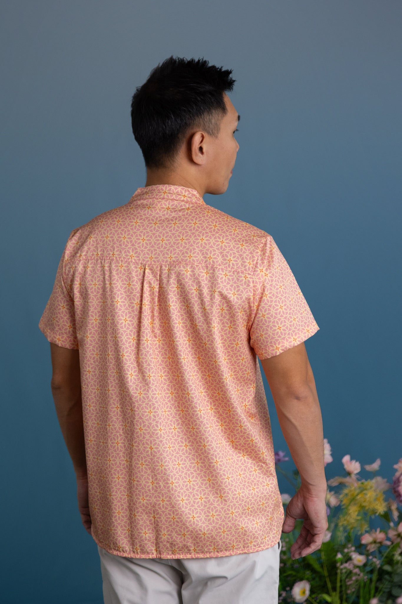 Men's Mandarin-collared Shirt - Pink Honeycomb Tiles