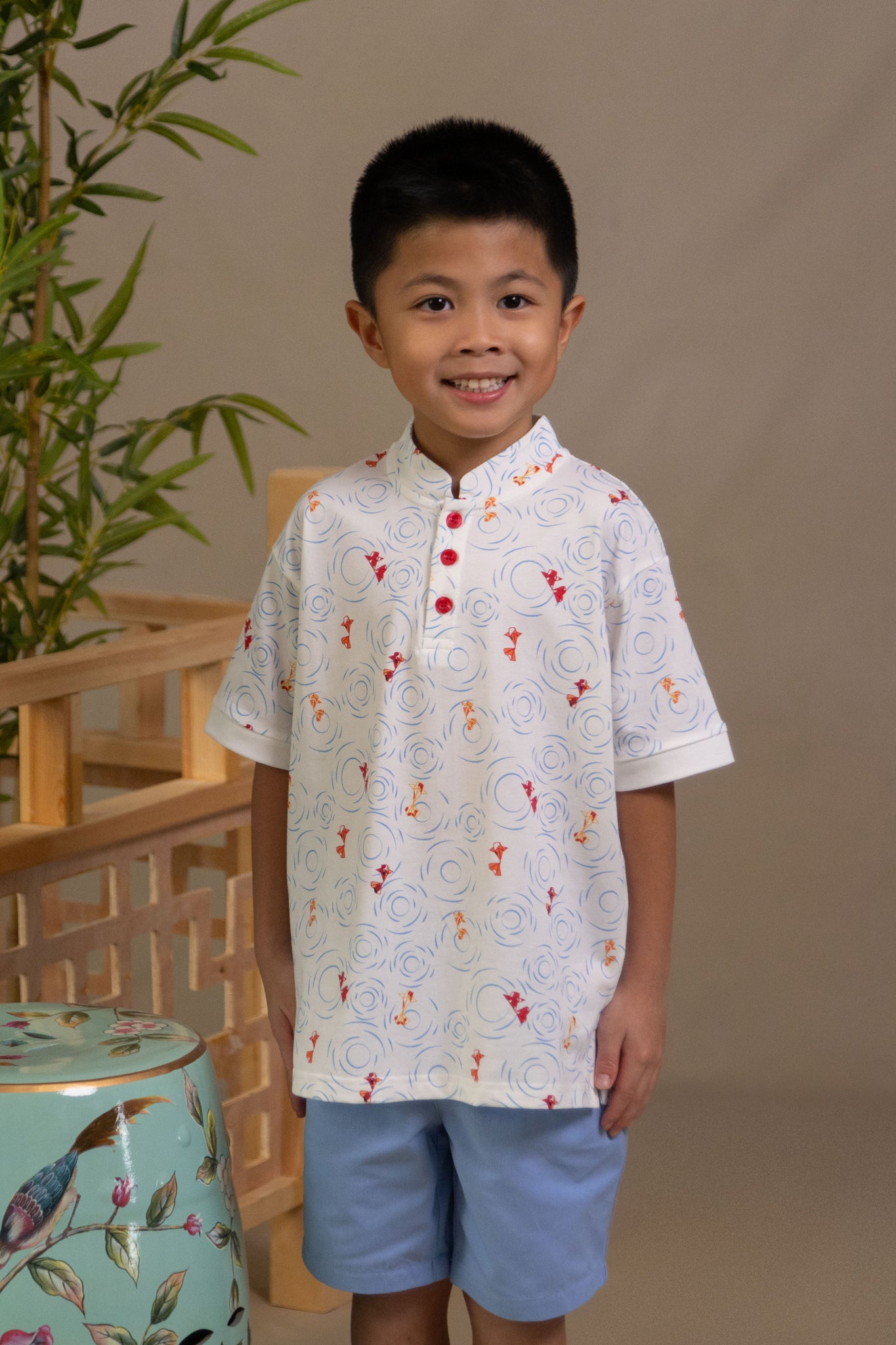 Mandarin-collared Polo Tee - Origami Goldfish