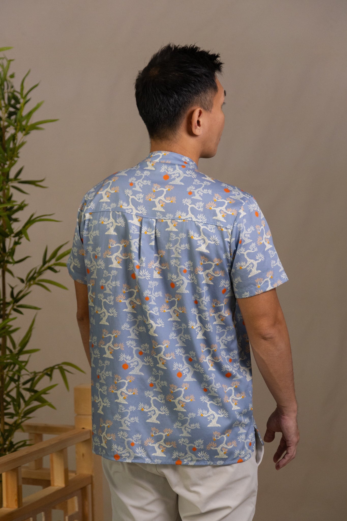 Men's Mandarin-collared Shirt - Blue Lucky Bonsai