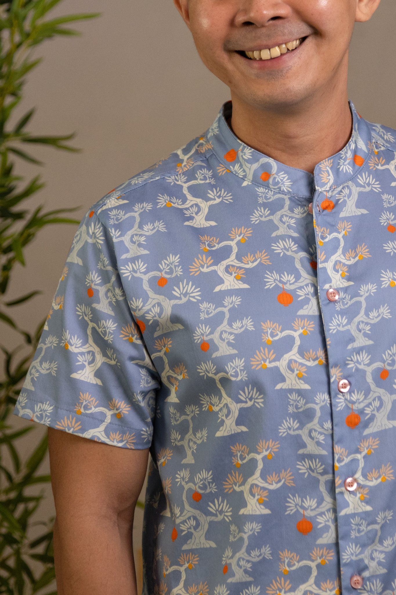 Men's Mandarin-collared Shirt - Blue Lucky Bonsai