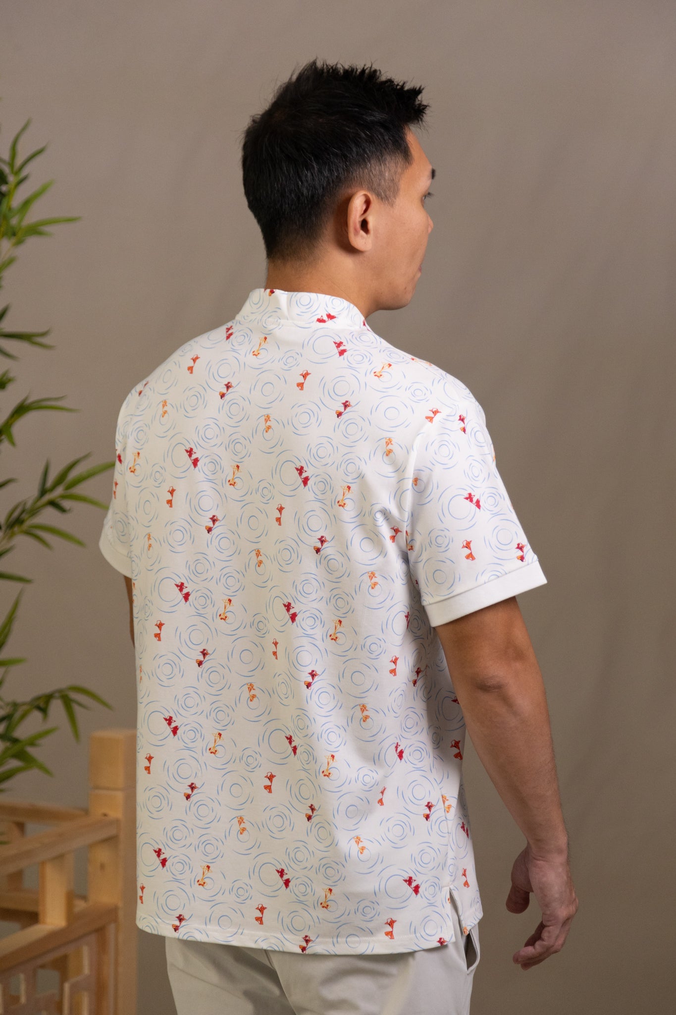 Men's Mandarin-collared Polo Tee - Origami Goldfish