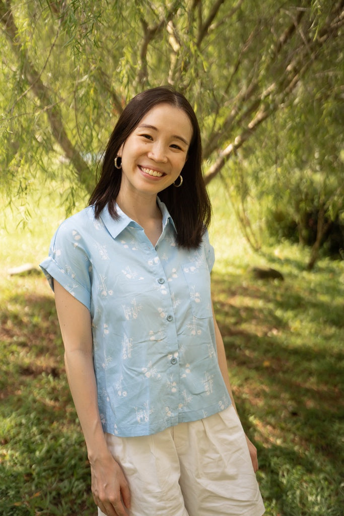 Ladies Sadie Blouse - Blue Bamboo Pandas | Twinning Family Sets | The Elly Store Singapore