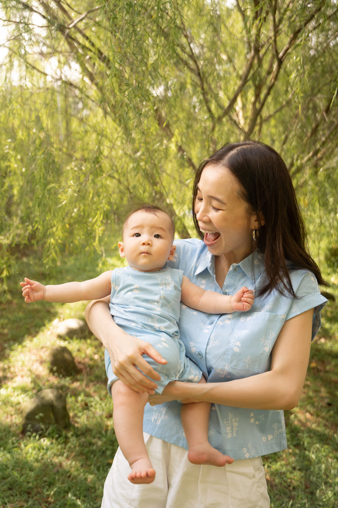 Ladies Sadie Blouse - Blue Bamboo Pandas | Twinning Family Sets | The Elly Store Singapore